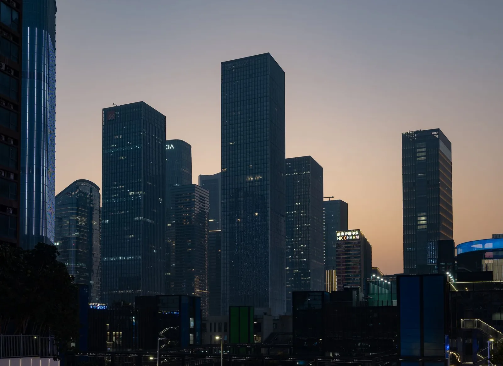 Financial district office towers at dusk